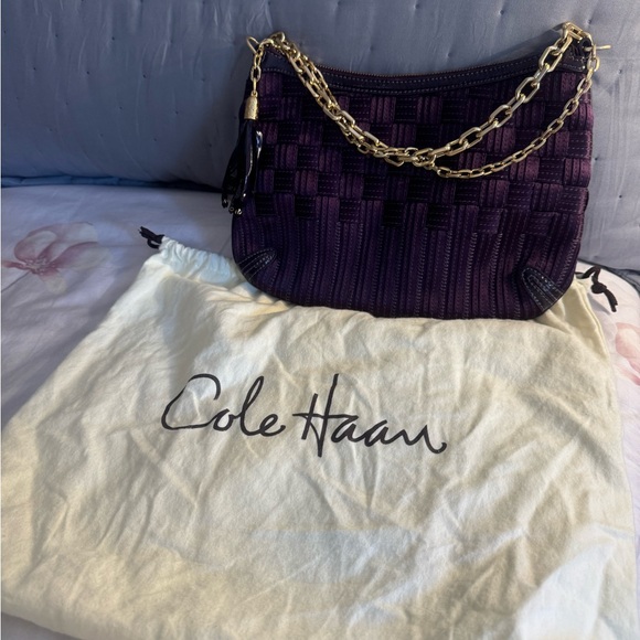 Cole Haan Genevieve purple satin woven purse with gold chain straps - Picture 5 of 5